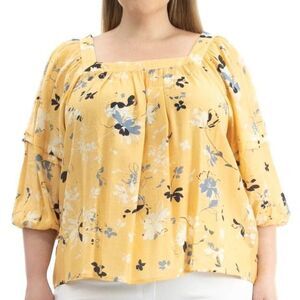 NEW NWOT Golden Yellow Floral Sz Medium Square Neck Crinkled Shirt ZAC & RACHEL